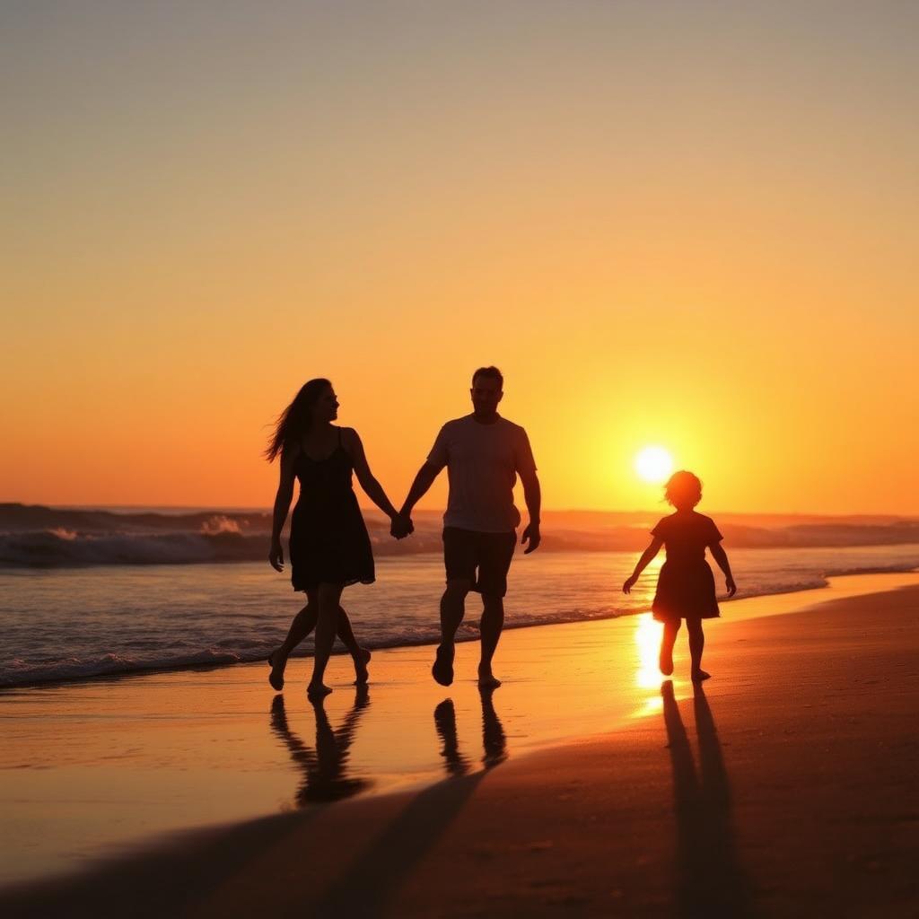 Family enjoying sunset at the beach